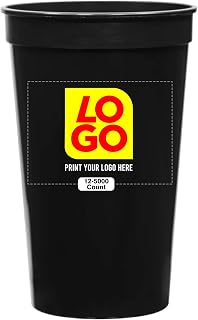 USMG 12 Pcs Multi Color Print 22oz Stadium Cups, Reusable Party Cups For Birthday, Wedding, Events, Brand Promotion (Black)
