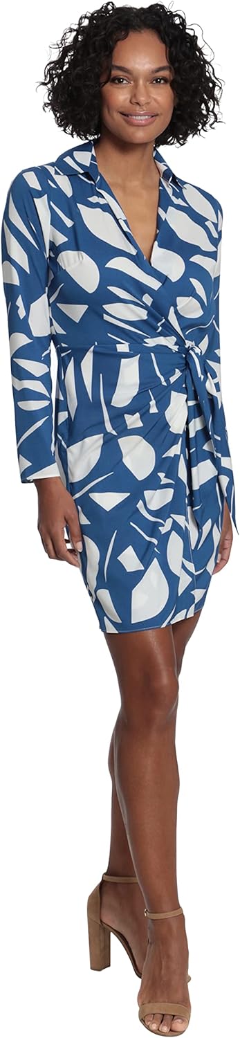 London Times Womens Geo Printed, Above The Knee Faux Wrap Dress with Tie and Collar - Image 3