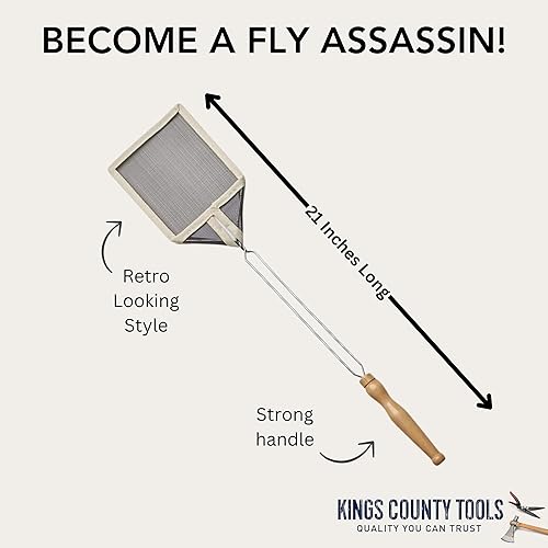 Miniatura 3 de Kings County Tools Matamoscas antiguo  Paquete de 5  Marco de alambre con mango de madera  Malla fuerte  Bordes cosidos  Elimina plagas molestas
