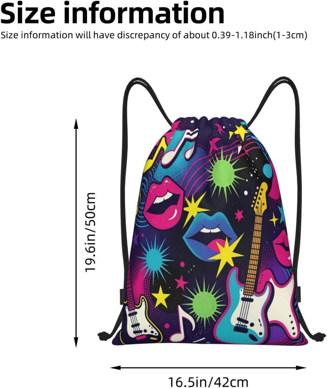 Vibrant musical collage with colorful guitars, lips, and notes Drawstring Bags Reusable Polyester Durable Lightweight Storage Bags for Travel Gym Promotional Events Daily Organization image 4