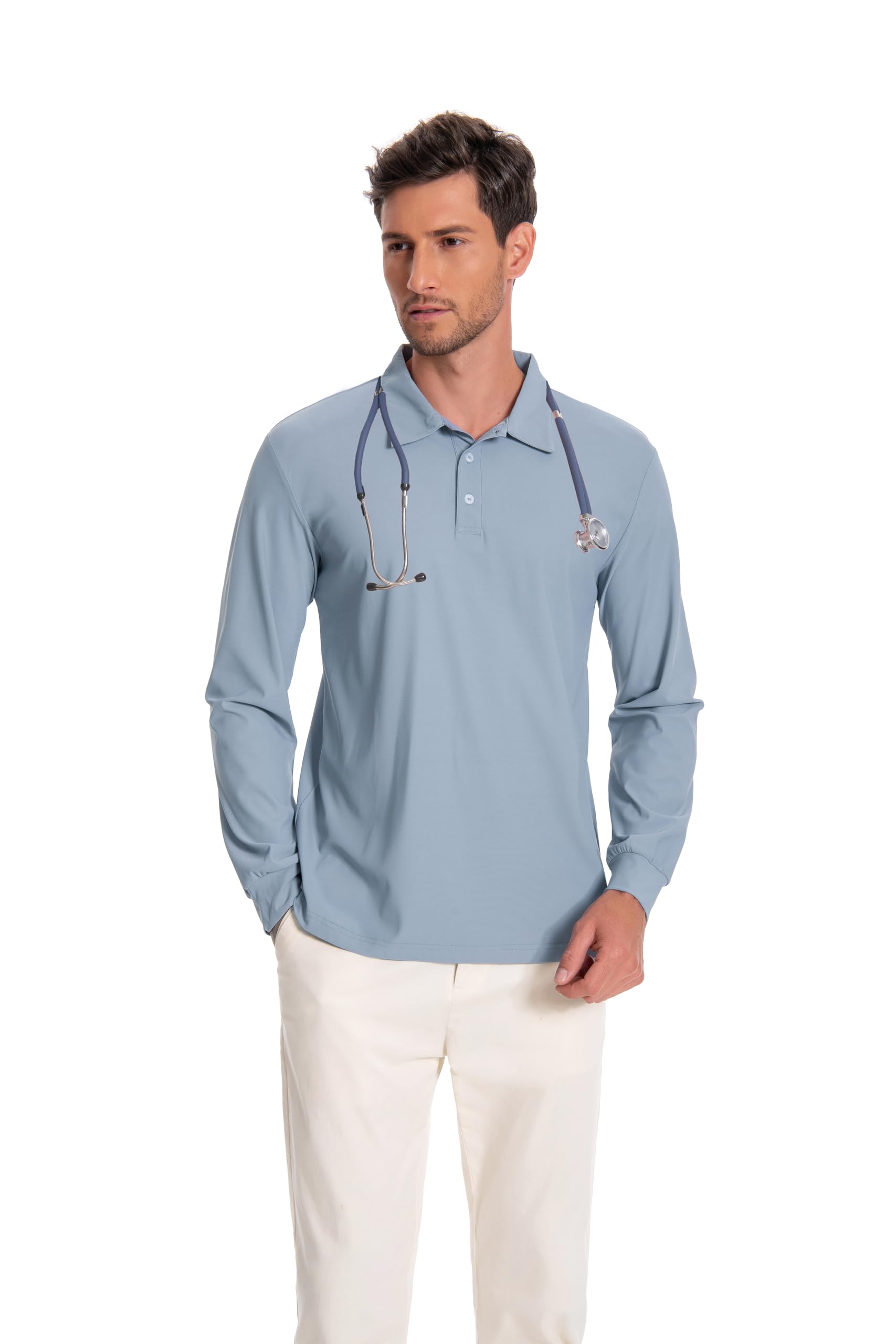 Milarlv Scrub Shirt for Men Lab Medical Polo Nurse Doctor Stand Up Collared Long Sleeve Medicine Work Top