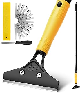Floor Scraper Heavy Duty with Long Handle, 4 Inch Razor Blade Floor Scraper with 10PCS Extra Metal Blades,Paint Scrapers for Cleaning Wall Glass Tile Floor Paint Gum Stains Stickers Linoleum