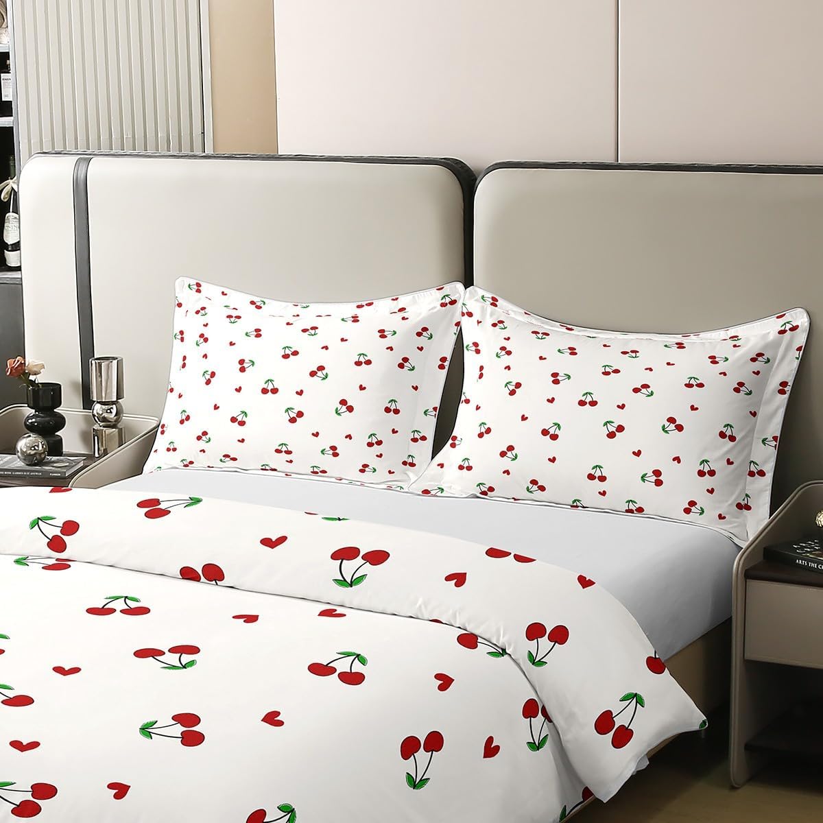 Feelyou Red Cherry 100% Cotton Duvet Cover King Cherry Pattern Bedding Set Teens Cute Fruit Comforter Cover Kawaii Cartoon Fruit Teens Bedspread Cover Breathable Quilt Cover Fashion(No Comforter)