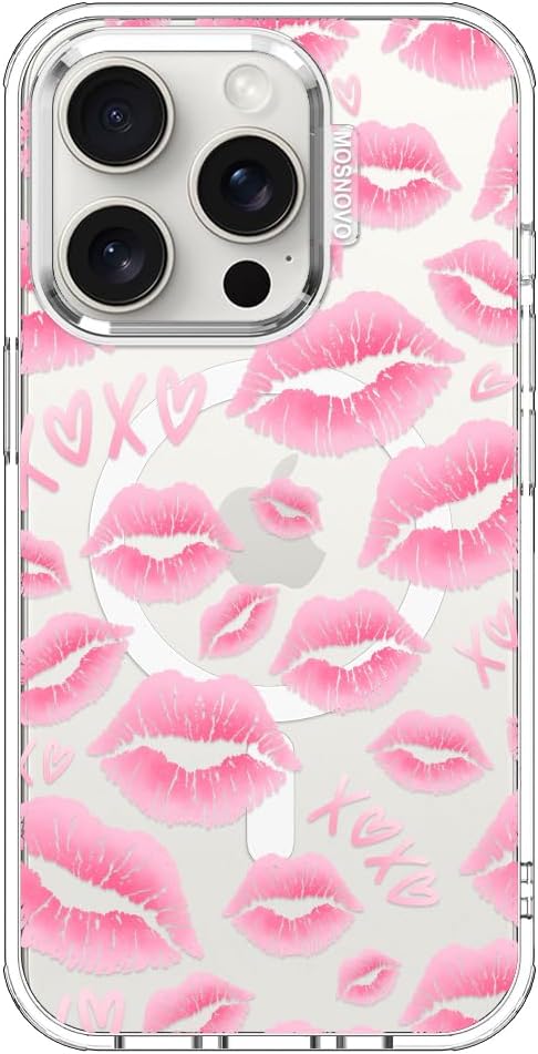 MOSNOVO for iPhone 15 Pro Case, Compatible with Magsafe, Shockproof Military-Grade Protection 6.6ft Drop Tested, Magnetic Clear Phone Case for iPhone 15 Pro, XOXO Kisses Design