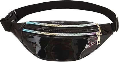 SSKHE Colorful Shiny Waist Bag for Party Carnivals Sports Daily Use, Fanny Pack Metallic with Adjustable Strap, Waterproof Stylish Laser Belt Bag, 3 Compartments, Black