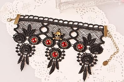 Vintage Lace Gothic Skull Red Stone Halloween Witch Cosplay Bracelet for Women Teen Adjustable Victorian Lolita Short Bracelet Christmas Party Decoration Dress Up Costume Accessories Gift 5.9