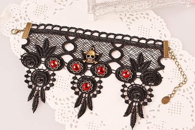 Vintage Lace Gothic Skull Red Stone Halloween Witch Cosplay Bracelet for Women Teen Adjustable Victorian Lolita Short Bracelet Christmas Party Decoration Dress Up Costume Accessories Gift 5.9