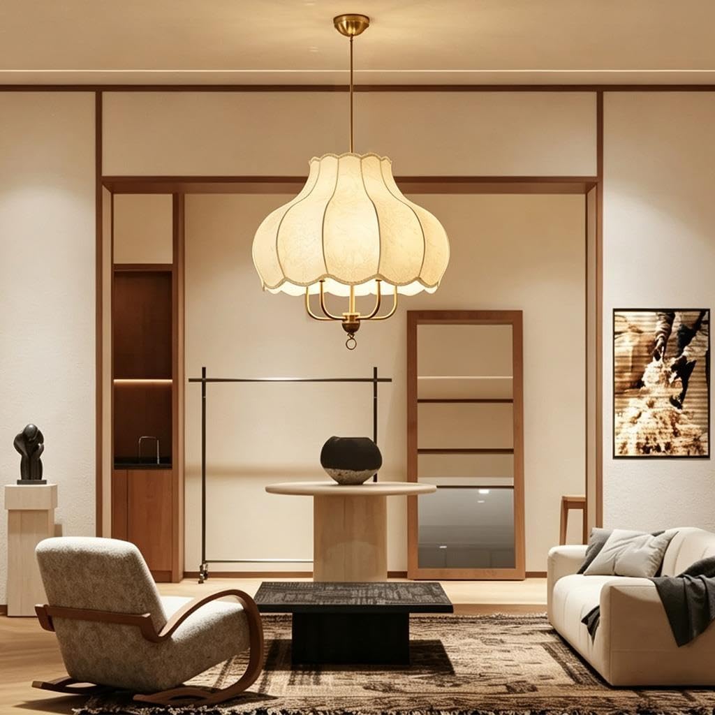 Design vintage francese a petali Plafoniera e dettagli in tessuto in stile cinese Lampada a soffitto Bianco sporco Ferro Altezza regolabile E27 lampadina non inclusa camere letto sale