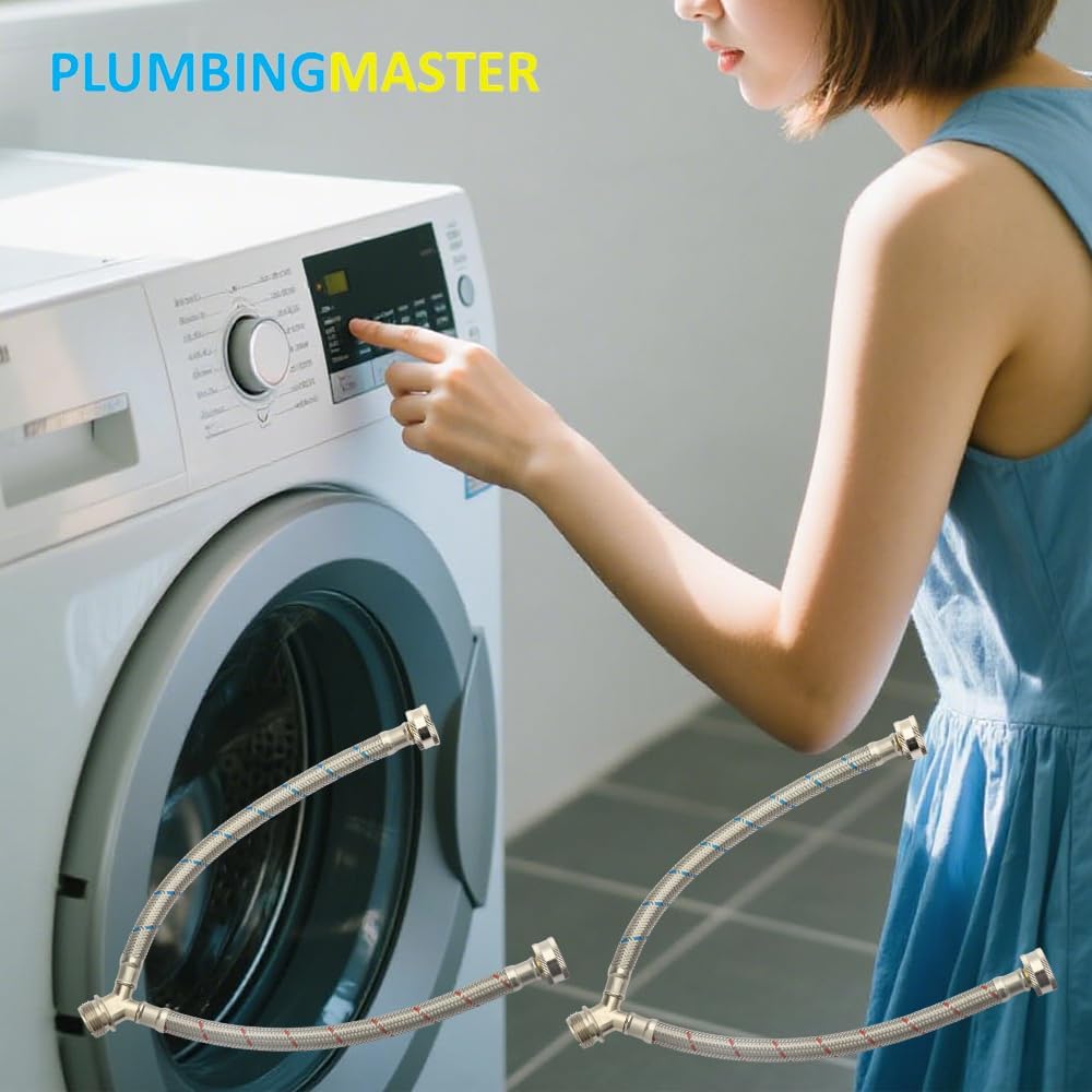 PLUMBERMASTER Washing Machine Hose Splitter Y-Mixer Hose Connector Hose, 3/4 Inch Brass Fittings, Y Split Hot and Cold Hose for Water Stainless Steel Washing Machine Y Mixer