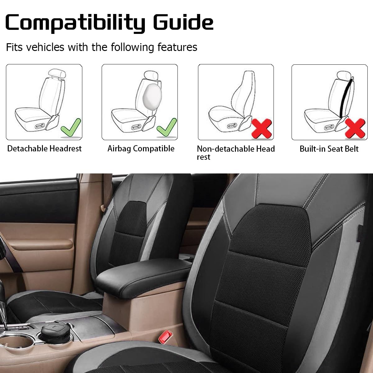 JNNJ 4 Pezzi Coprisedili Auto Set Completo, Coprisedili Anteriori per Auto Con Copripoggiatesta, Coprisedili Anteriori a Rete per Auto Pelle PU, Universale Accessori per Sedili Dell'auto(Grigio)
