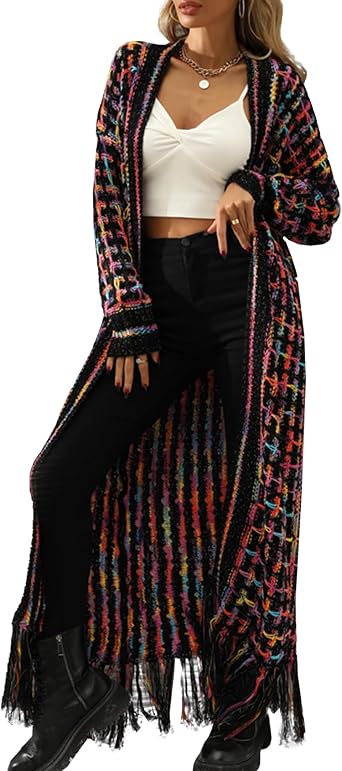 Womens Boho Cardigan Sweater Maxi Long Colorful Fringed Tassels Knitted Cardigan Jacket Outwear
