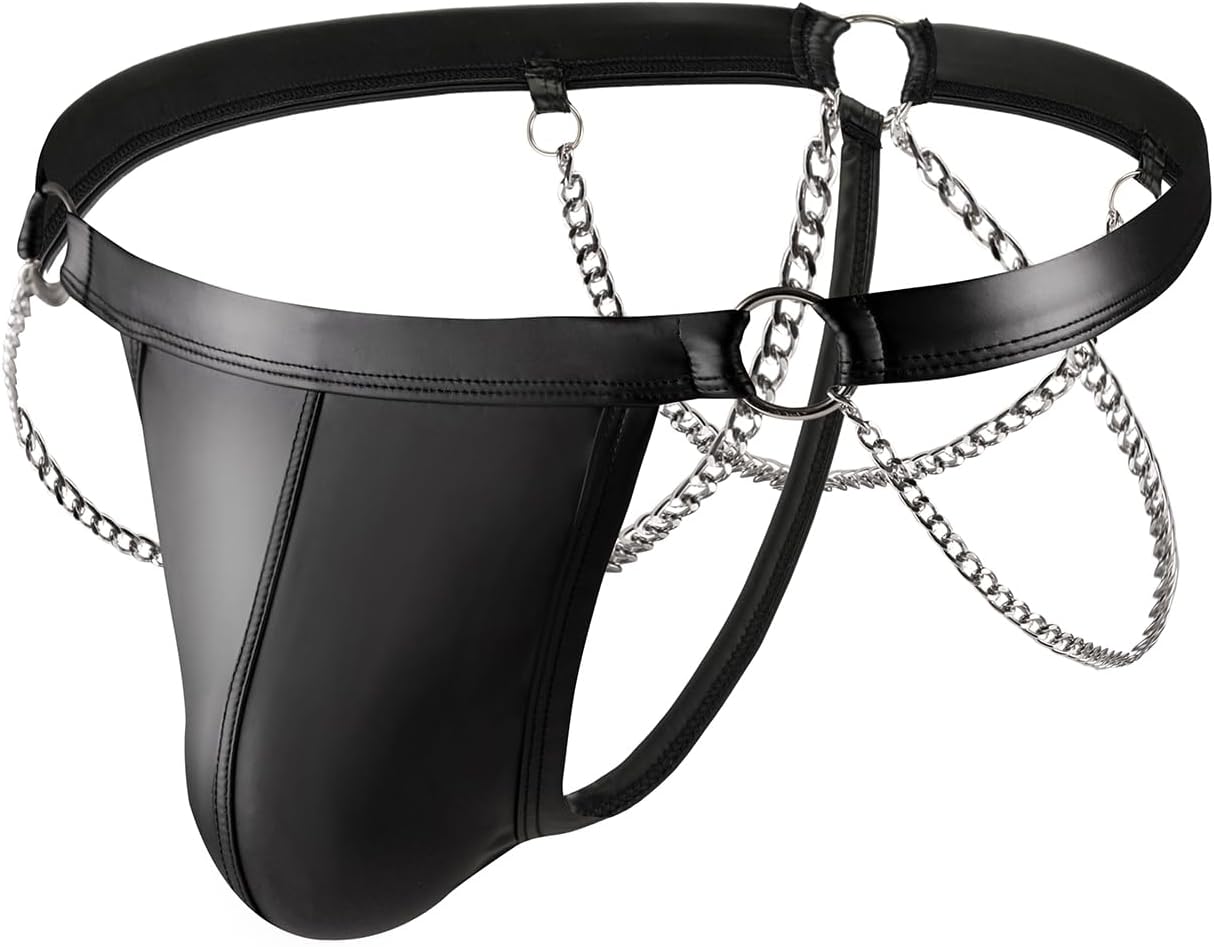 Evankin Men Sexy Leather Thong with Metal Chains Hollow Out T-Back Underwear Low Rise Bikini