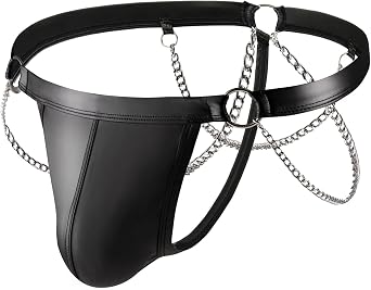 Evankin Men Sexy Leather Thong with Metal Chains Hollow Out T-Back Underwear Low Rise Bikini