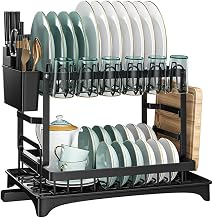 Dish Drying Rack, 2-Tier Rust-Resistant Dish Rack with Drainboard Cutlery Holder Cup Holder, Rustproof Dish Drainer for Kitchen Counter (Black)
