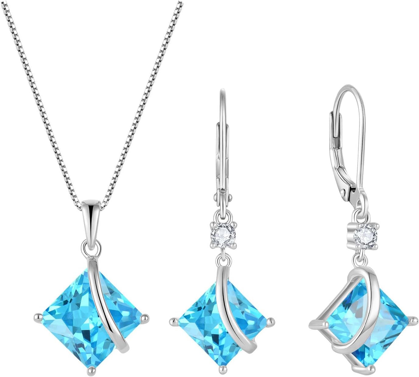 Square Princess Cut Necklace and Earrings Set 925 Sterling Silver Solitaire Aquamarine Jewelry Set for Women March Birthstone Jewelry for Mom Wife