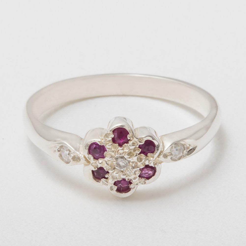 Solid 925 Sterling Silver Cubic Zirconia & Ruby Womens Cluster Ring - Sizes 4 to 12 Available