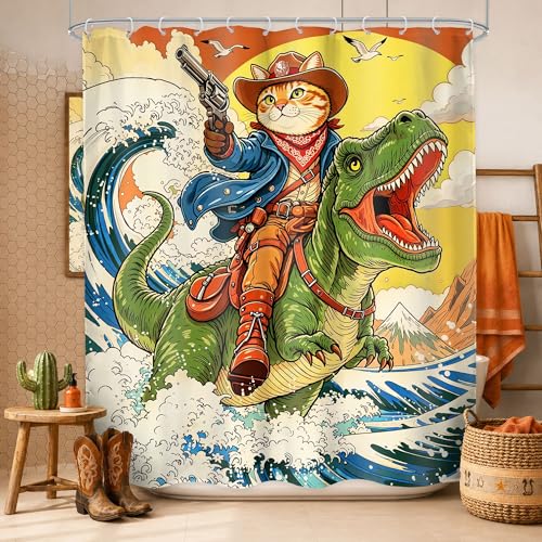 Image of Kids Funny Cat Riding Dinosaur Cool Japanese Bathroom Shower Curtain Set