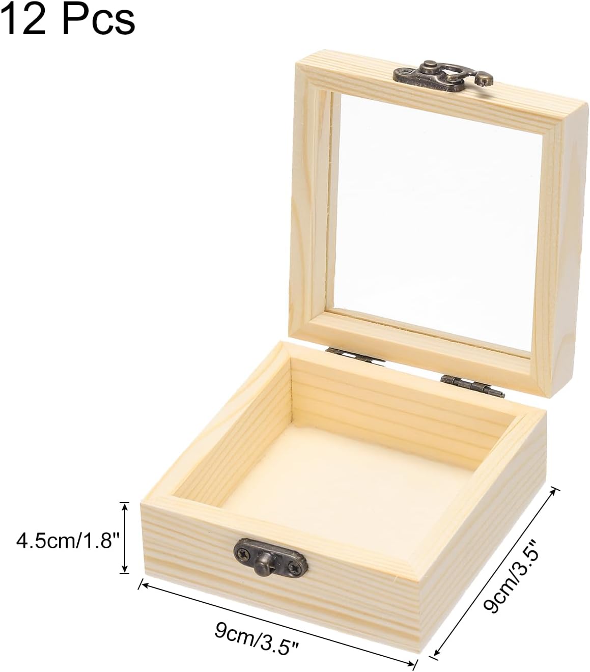 MECCANIXITY Unfinished Wooden Display Box with Hinged Lid,3.5"x3.5"x1.8" Small Wood Keepsake Storage Box with Glass Lid for DIY Craft Collectibles Jewelry Gift Home Decorations,12Pcs Beige