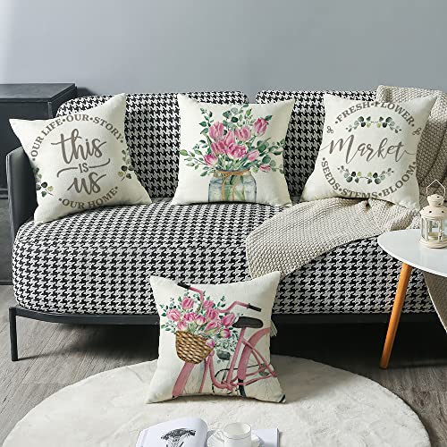 Knomeko Spring Pink Pillow Covers 18X18, Tulips Bicycle Outdoor Porch Couch Throw Pillow Covers Decor, Summer Sweet Home Decorations,Blessed Bloom Farmhouse Outdoor Sofa Cushion Case #TOP5