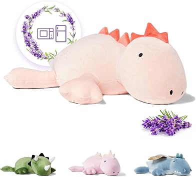 KOWSI Weighted Pink Stegosaurus Plush Microwavable Heating Pad 16" 1.4 Lb | Soft Squishy Heating Plush Pillow with Lavender & Tourmaline Beads | Offers Lasting Warm For Soothing Lumbar & Back Comfort