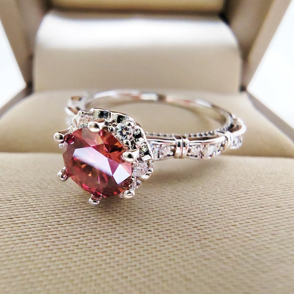 1.0ct Red Moissanite Ring for Women - Anniversary Engagement Jewelry 18K White Gold Plated S925 Silver Eternal Rings Gifts