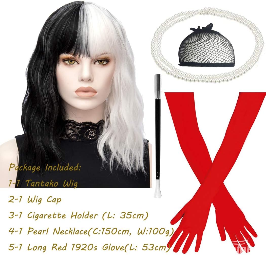 TANTAKO Women Black and White Cosplay Wigs with Bang, Half Black and Half White Wig with 1920s Red Gloves and Holder/Pearl Necklace(B) - Image 3