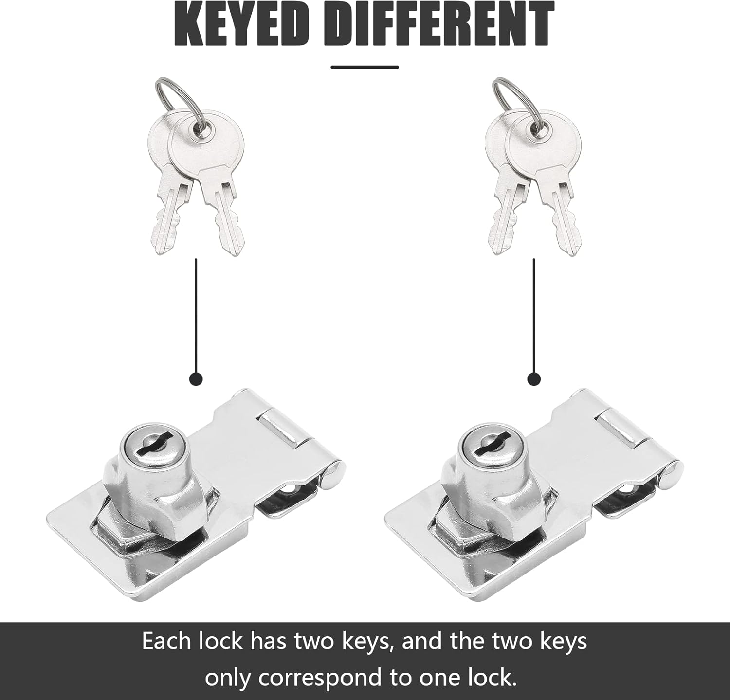 Zorfeter 2.5 Inch Keyed Hasp Locks, Silver Hasp Lock Latch with Lock, Twist Knob Keyed Locking Hasp for Small Doors, Cabinets (Keyed Different, Pack of 2) - - 