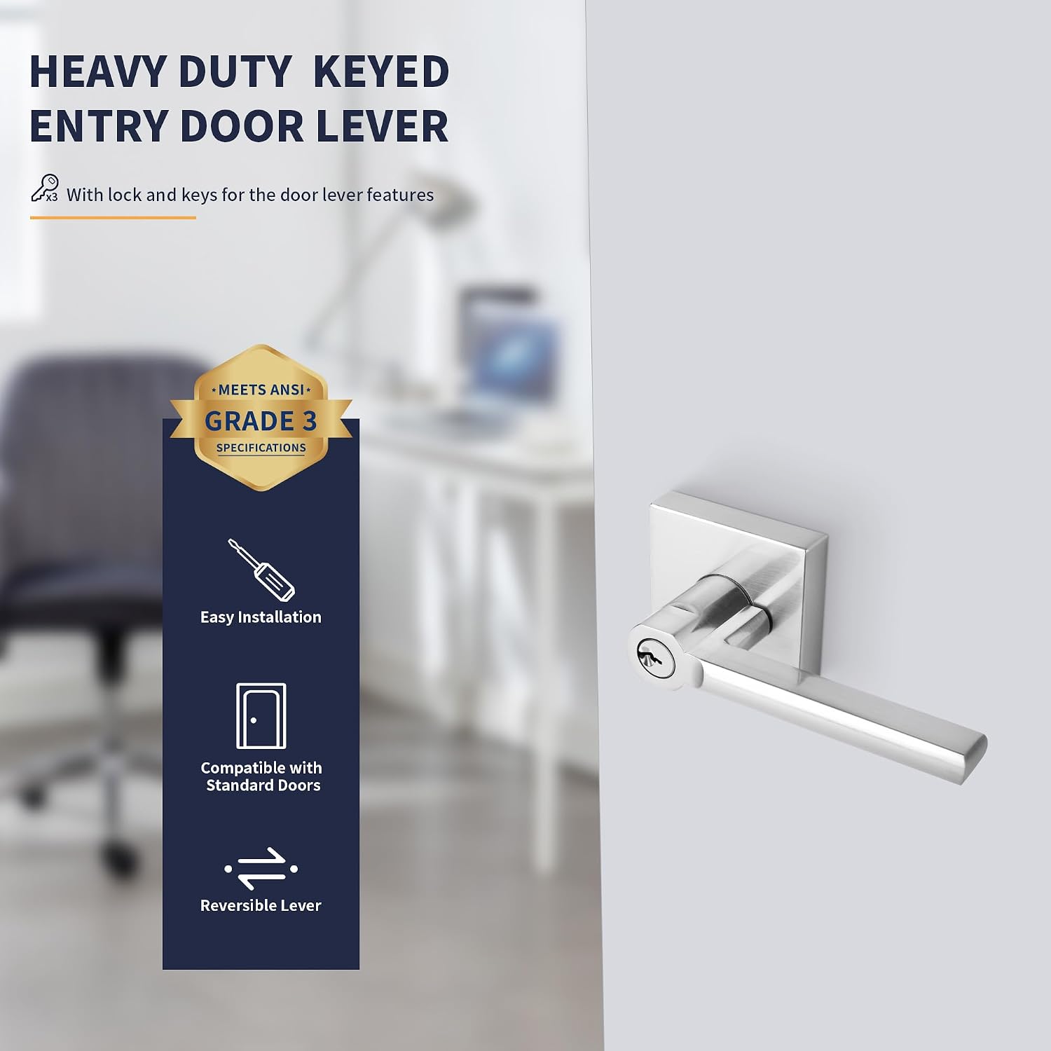 Keyed Entry Door Lever Square Heavy Duty Door Lock with Key Exterior Interior Door Handle Reversible for Bedroom Office or Front Door Door, Satin Nickel Finish