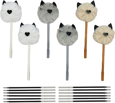 Maydahui 6 PCS Plush Cat Pom Pom Pen Fluffy Fur Kitty Rollerball Gel Pens Cute Cartoon Animal Pen With 12 PCS Pen Refills Black Ink for Office School Party School