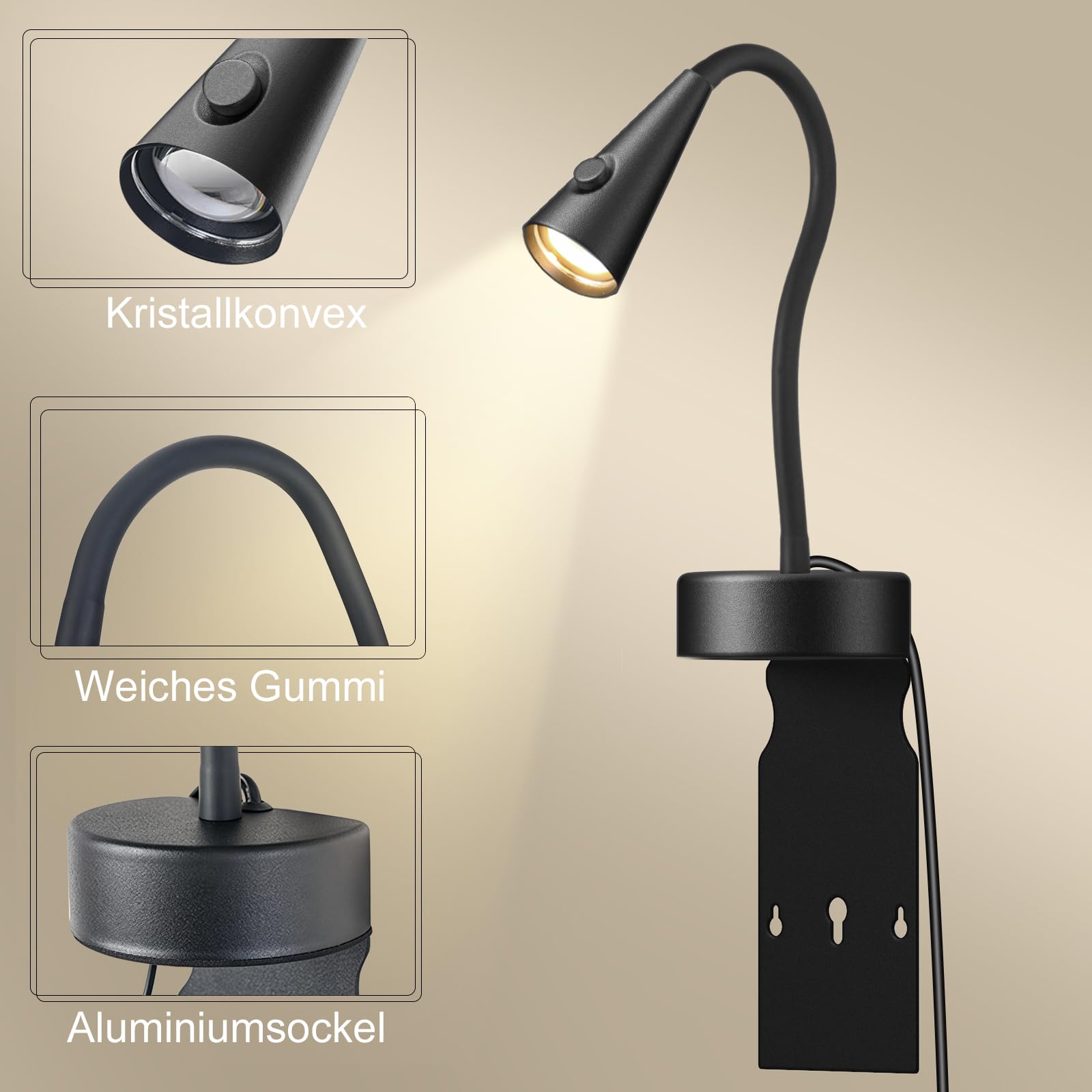 LED Leselampe Bett ohne Bohren, Einschub Wandleuchte für Kopfteil, Dimmbar & Farbtemperatur Einstellbar, Wandlampe mit 360° Schwanenhals, Flexible Nachttischlampe Schwarz mit Schalter