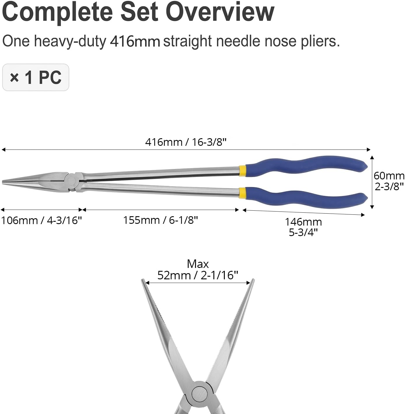 QWORK 16 Inch Long Reach Needle Nose Pliers, Straight Long Nose with Narrow Jaws, Chrome Vanadium Steel Mechanic Pliers for Tight Spaces, Auto/Motorcycle Repair, Machinery & Pipeline Maintenance