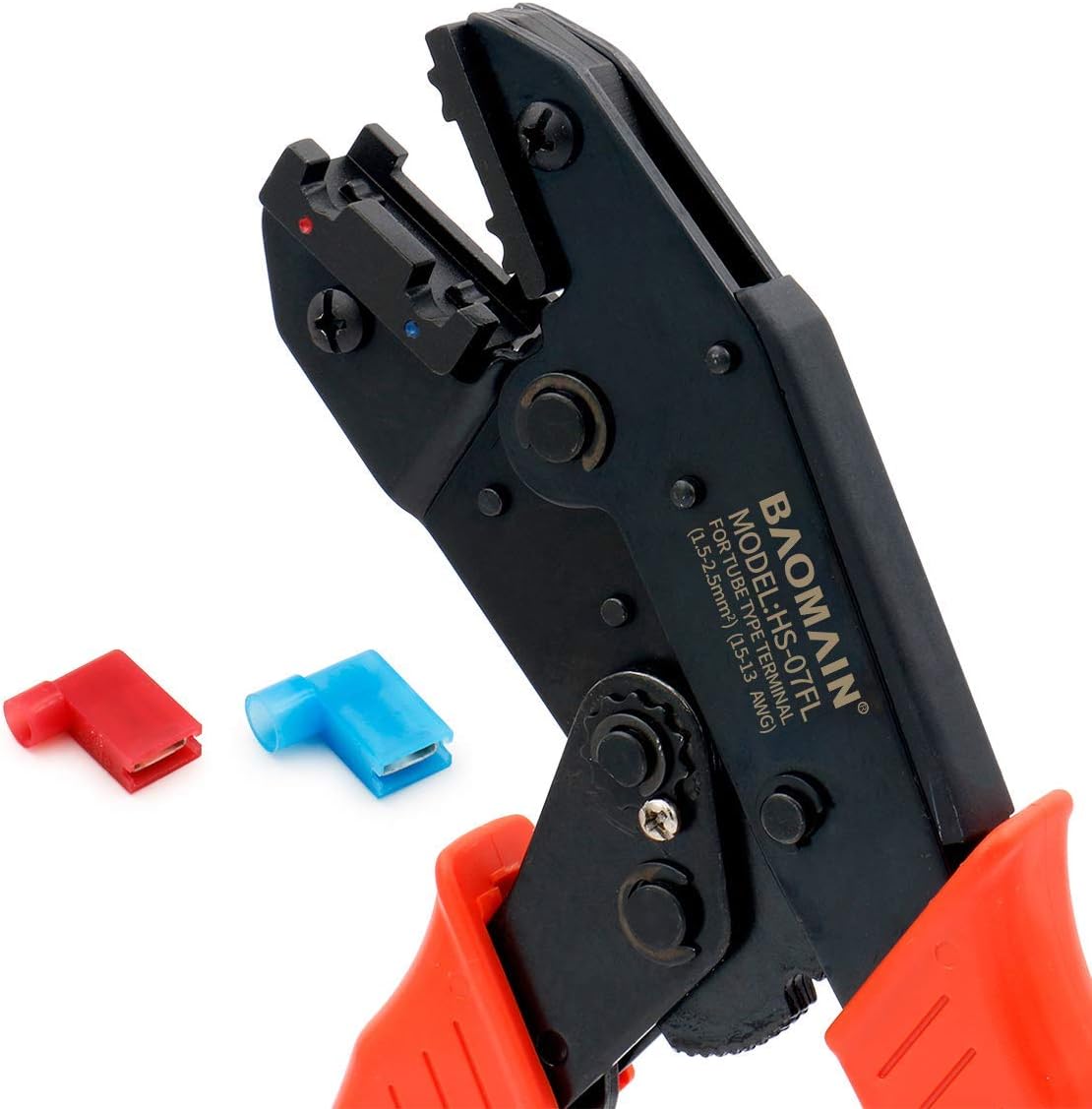 Baomain Ratchet Crimper Plier HS-07FL Flag Female Quick Disconnects Crimping Tools Use for 1.5-2.5 mm² (15-13 AWG) Red (Pack of 2)
