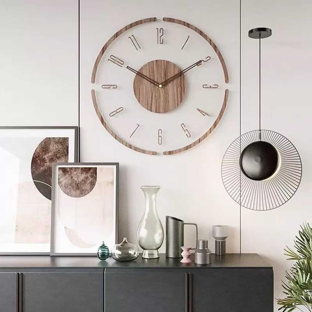 Modern Minimalist Wooden Wall Clock - Silent Non-Ticking Battery Operated Wall Clock for Living Room Bedroom Kitchen Office Decor, 12 Inch Large Wall Clock with Sleek Open Frame Design
