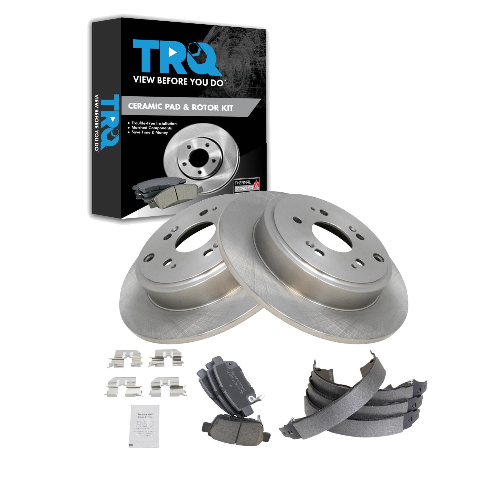 TRQ Rear Brake Pad and Rotor Set Ceramic Parking Brake Shoe Compatible with 2006-2014 Honda Ridgeline