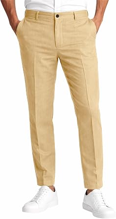 Mens Cotton Linen Pants, Thick Stretch Casual Loose Fit Trousers