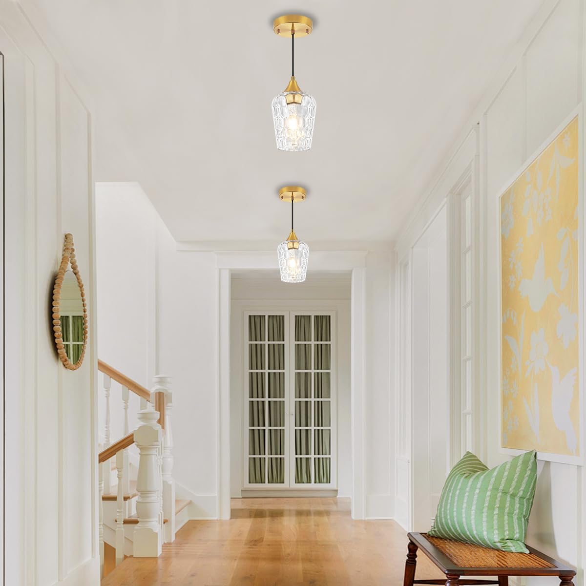 Brushed Gold Pendant Light Fixtures, Thick Hammered Glass Pendant Lights Kitchen Island 3 Pack Modern Hanging Light Hallway Ceiling Light Fixtures Mini Pendant Lights for Bathroom Dining Room