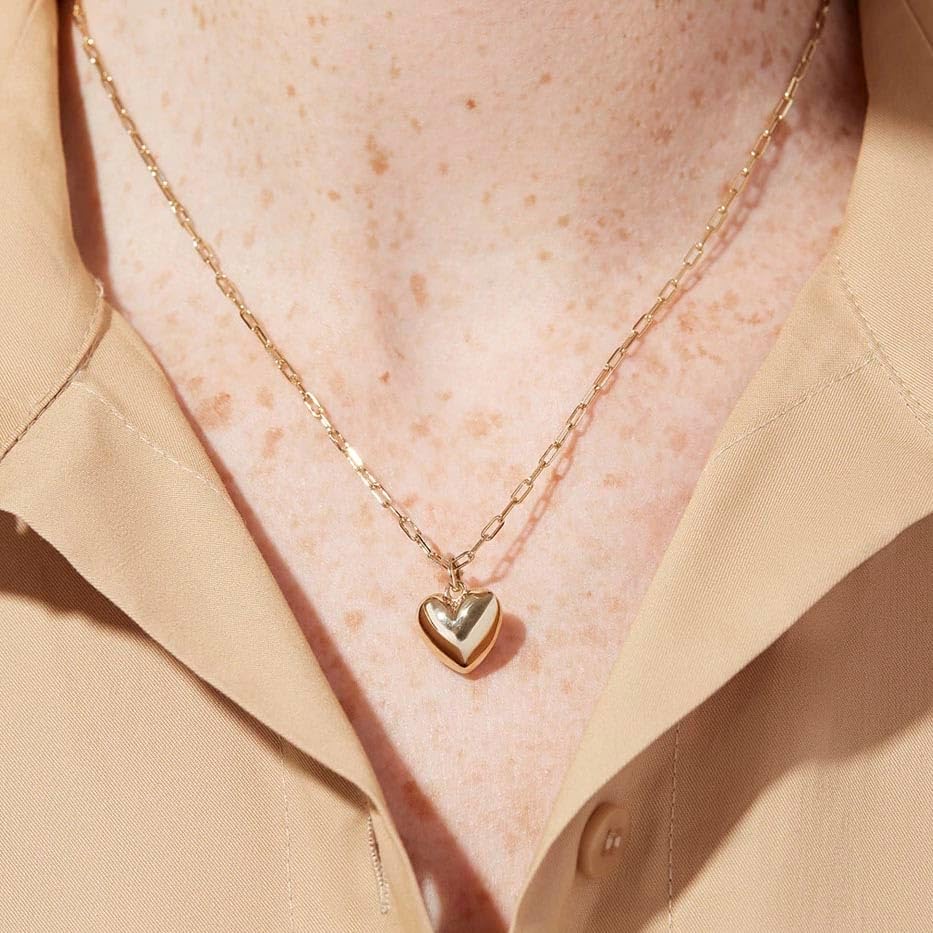 Puffy Heart Necklace 14K Gold Plated Dainty Paperclip Chain Choker Puffed Charm Pendant Necklaces Jewelry for Women - Image 2