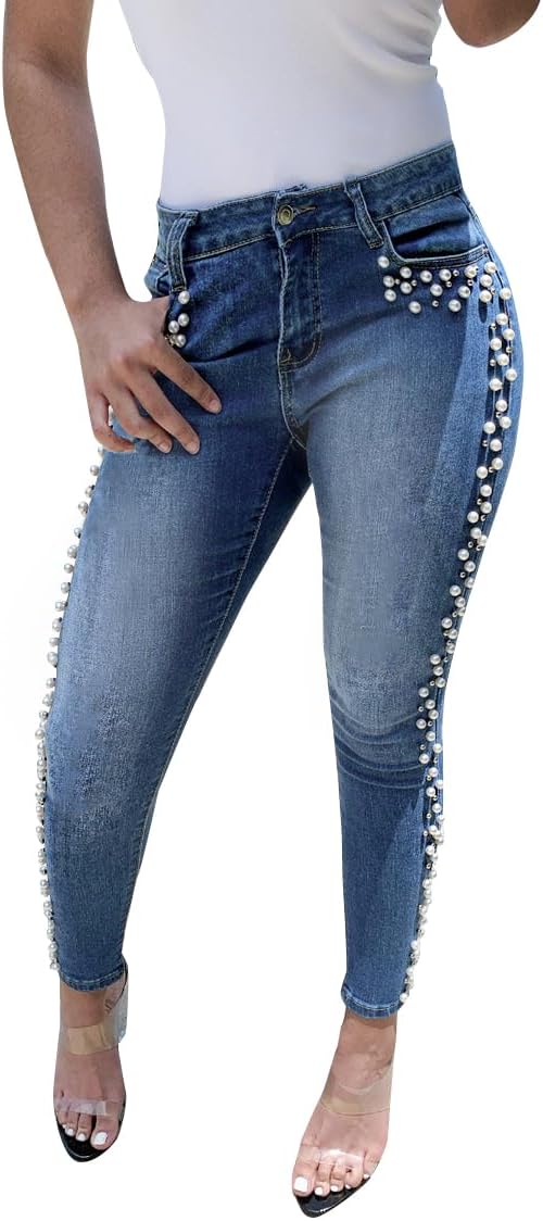 LifeShe Women's Pearls Jeans Mid Waisted Skinny Denim Pants Stretch Slimming Jeggings Plus Size - Image 2