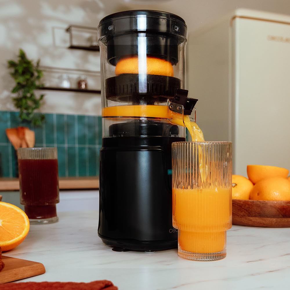 Cecotec Elektrisch Saftpresse Elektrisch Orangenpresse Zitruspressen Essential TowerAdjust Easy Steel. 140W, 0,35L, inklusive Filter und Plastiktrichter, einzigartige Rotationsrichtung, abnehmbar