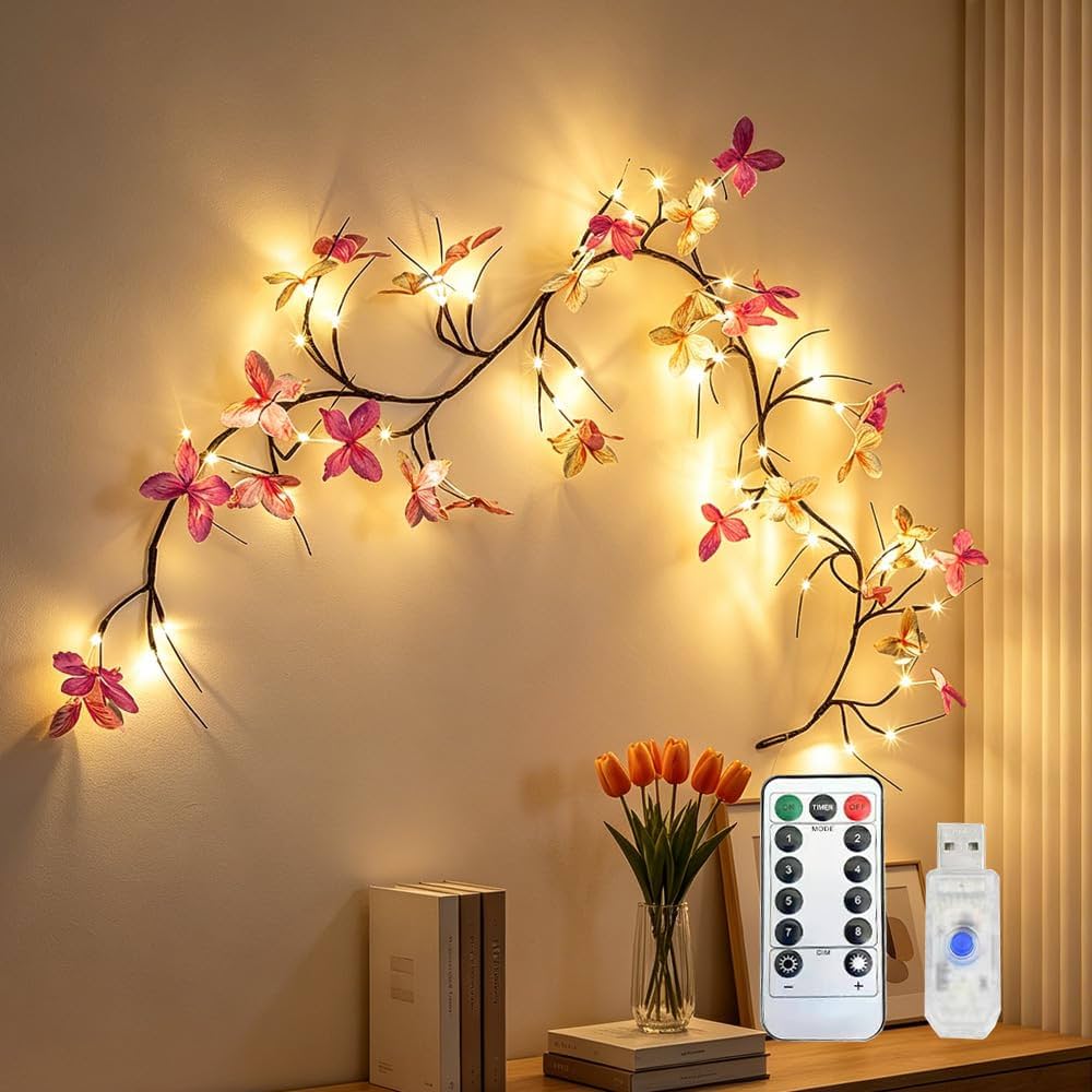 WRQIOO 36LEDs Lichterkette Schmetterling, 8 Modi 1.6M Schmetterling Lichterkette mit Fernbedienung, Farbiger Weidenranken lichterketten mit USB Betrieben für Frühlings Schlafzimmer Partys Beleuchtung