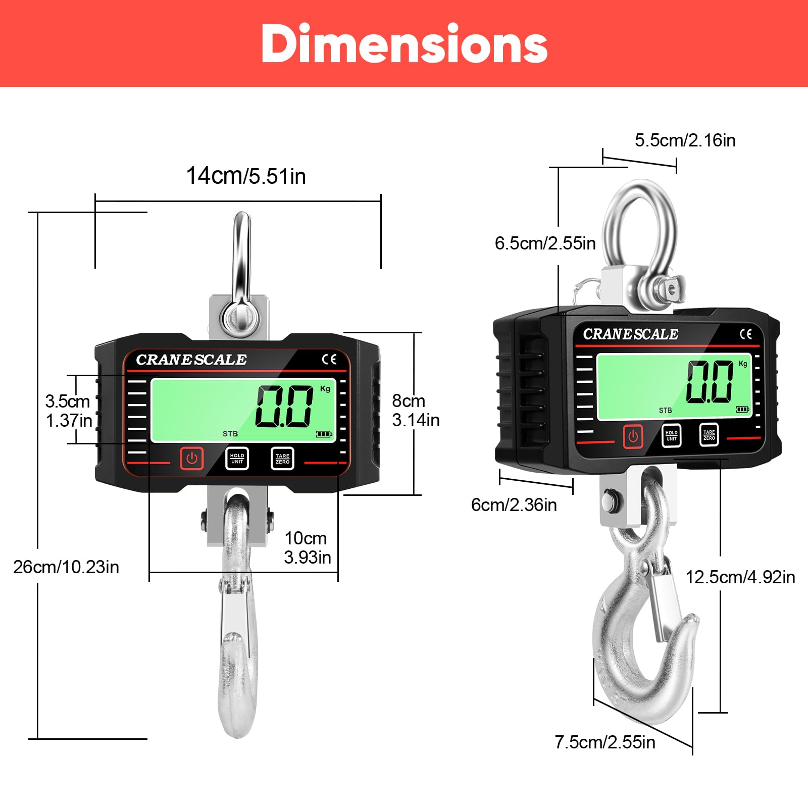 Báscula colgante 2000kg 4400lbs con Control Remoto, Báscula de grúa digital con sensor preciso y pantalla LCD, Báscula Colgante Industrial Escala Electrónica Báscula Gancho Dinamometro (Negro)