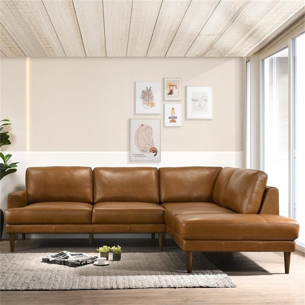 Pemberly Row Genuine Leather L-Shaped Right-Facing Sectional, Tan Finish, Mid-Century Design, Solid Wood Frame, High-Density Foam Padding, 107.5"x89"x34", Living Room or Office Seating