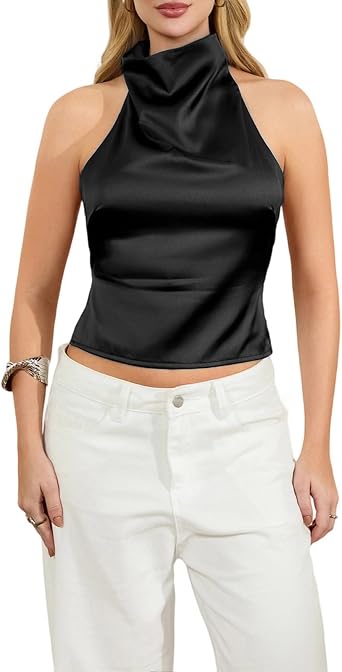 Women Y2K Sleeveless Halter Neck Satin Top Open Back Mock Neck V Neck Cami Blouse Beach Party Going Out Streetwear