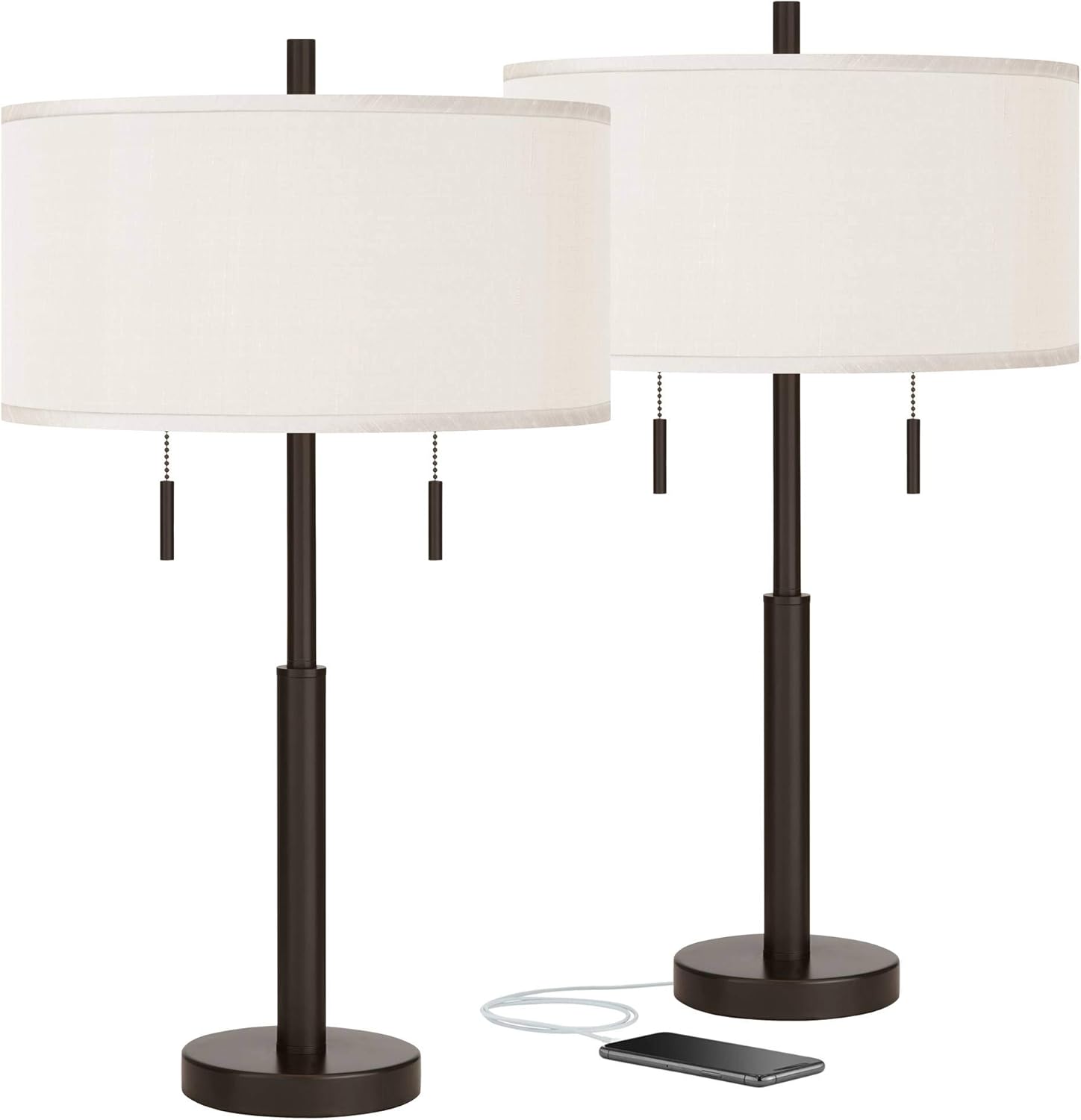 Robbie Modern Table Lamps 25.5" High Set of 2 with USB Charging Port Bronze Metal Cream Faux Silk Fabric Drum Shade for Living Room Bedroom House Bedside Nightstand Home - Possini Euro Design