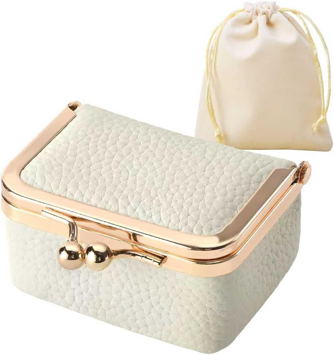 WGO&MJC Genuine Leather Mini Travel Jewelry Box - with Kiss Lock & Coin Purse - for Necklace, Ring, Earrings, Bracelet - Includes Velvet Pouch - Great Gift for Women & Girls (White)