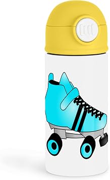 3dRose Sweet Skate Enthusiast 12oz Kids Yellow Bottle Blue roller skate illustration on white bottle Sports Practice, School Lunch