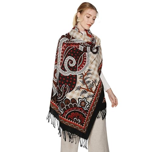DANA XU 100% Merino Wool Pashmina Shawl for Women 96"x43", Oversized Cashmere Wrap with Tassels, Floral Travel Blanket Cape - Brown Rust Tribal Garden