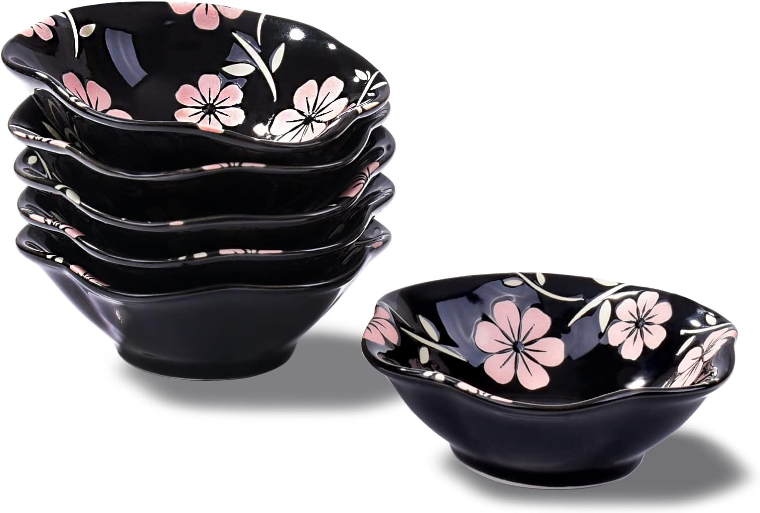 Japanese Black Sakura Soy Sauce Dish for Sushi, Porcelain Dipping Bowls Sauce Cups Set of 6