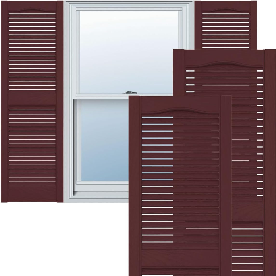 12"W x 64"H Lifetime Vinyl, Standard Cathedral Top Center Mullion, Open Louver Shutters, w/Installation Shutter-Lok's & Matching Screws (Per Pair), Bordeaux