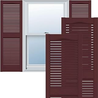 12"W x 64"H Lifetime Vinyl, Standard Cathedral Top Center Mullion, Open Louver Shutters, w/Installation Shutter-Lok's & Matching Screws (Per Pair), Bordeaux
